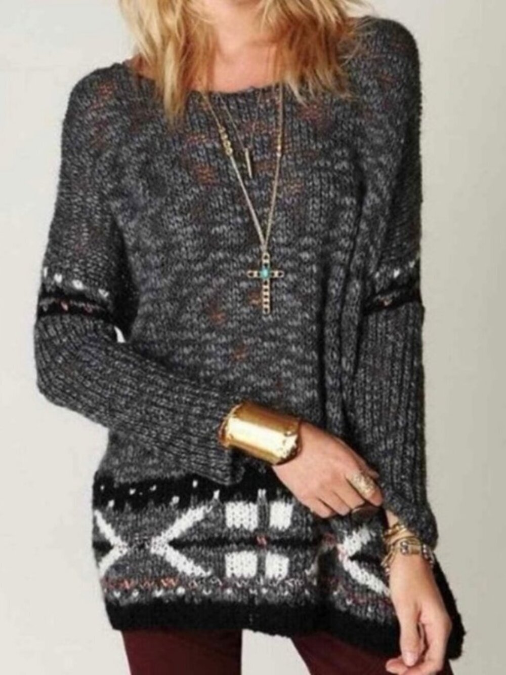 Free People Fair Isle Chunky Knit Sweater Gray Boho Oversized Women’s Size XS